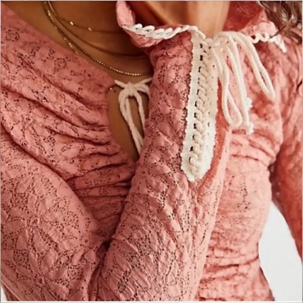 NWOT Free People Lilah Lace Long Sleeve Coral Lace Top Boho Retro Cropped Fitted